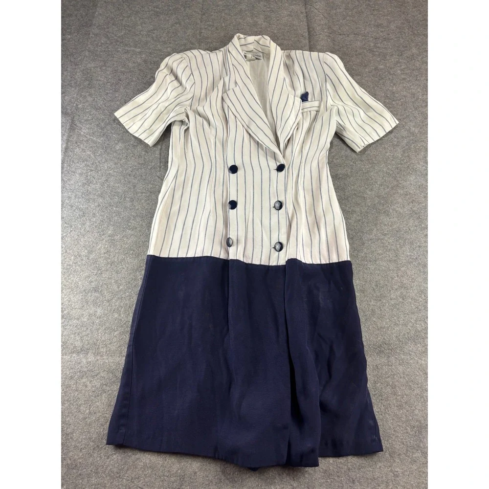 VTG Perceptions Womens 5/6 Double Breasted Pinstripe Dress Navy Nautical 80s